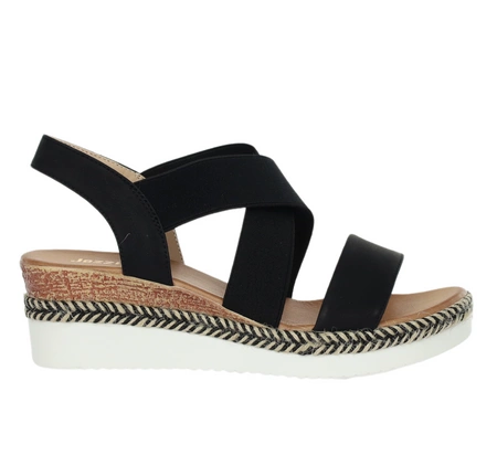 Czarne sandały na niskiej koturnie na paskach z gumki Jezzi