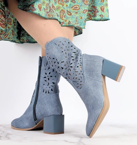 Dżinsowe botki na obcasie ażurowe wiosenne Jezzi