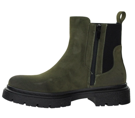 Botki khaki zimowe za kostkę ocieplane na zamek z elastyczną cholewką khakiJezzi