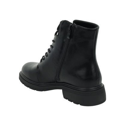 Czarne klasyczne botki damskie płaskie na zamek i sznurowadła Jezzi