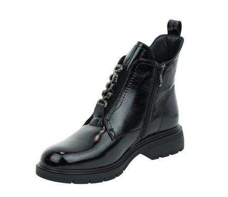Czarne eleganckie buty zimowe damskie botki lakierowane płaskie Jezzi