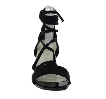 Seksowne czarne sandały damskie na obcasie sznurowane i wiązane na kostce Jezzi