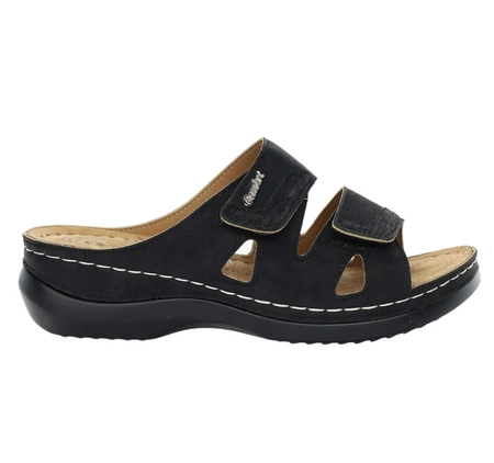 Czarne eleganckie i komfortowe klapki damskie regulowane Jezzi