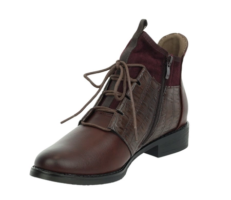 Eleganckie bordowe botki jesienne ocieplane płaskie buty Jezzi