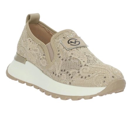 Beżowe eleganckie buty damskie sportowe koronkowe z cekinami VINCEZA
