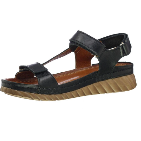 Czarne sandały damskie płaskie na paskach z rzepami szyte Gino Fabiani - Produkt Polski