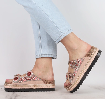 Kolorowe regulowane klapki damskie na platformie korkowej