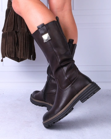 Brązowe czekoladowe glany damskie botki wysokie płaskie Jezzi