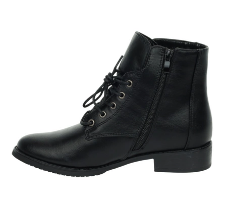 Czarne klasyczne botki damskie ocieplane na zamek i sznurowadła płaskie Jezzi