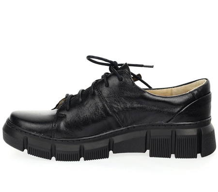 Czarne półbuty skórzane damskie na zamek i sznurowadła Helios 413