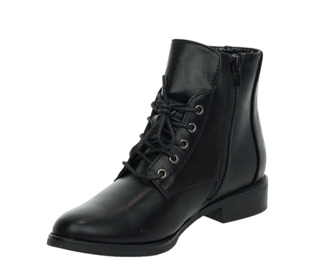 Czarne klasyczne botki damskie ocieplane na zamek i sznurowadła płaskie Jezzi