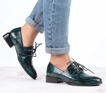 Półbuty oksfordy damskie wężowa skóra ciemnozielone Jezzi