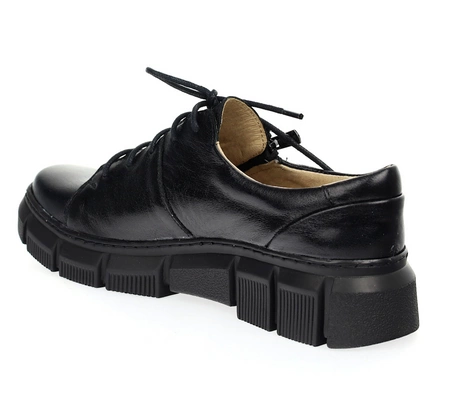 Czarne półbuty skórzane damskie na zamek i sznurowadła Helios 413