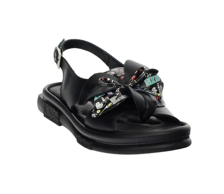 Czarne eleganckie sandały damskie skórzane z kwiatkiem MODO