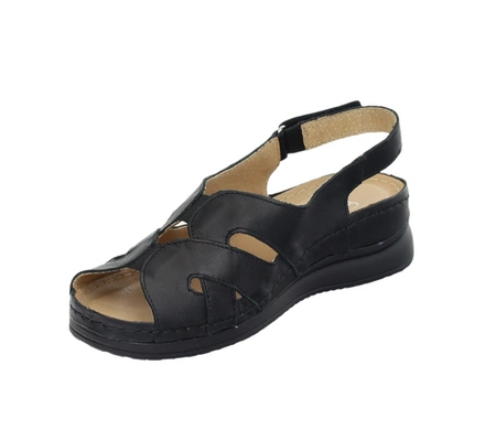 Czarne sandały damskie komfortowe ze skóry naturalnej szyte na rzep Helios