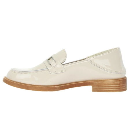 Beżowe skórzane lakierowane lordsy płaskie mokasyny damskie VINCEZA