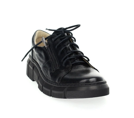 Czarne półbuty skórzane damskie na zamek i sznurowadła Helios 413