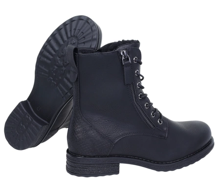 Czarne klasyczne botki damskie ocieplane na zamek i sznurowadła komfortowe Jezzi