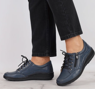 Granatowe półbuty damskie skórzane na zamek i sznurowadła Helios 411