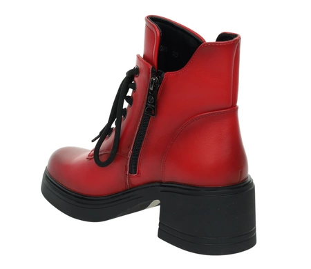 Czerwone botki zimowe skórzane na platformie i szerokim niskim obcasie SEVILA