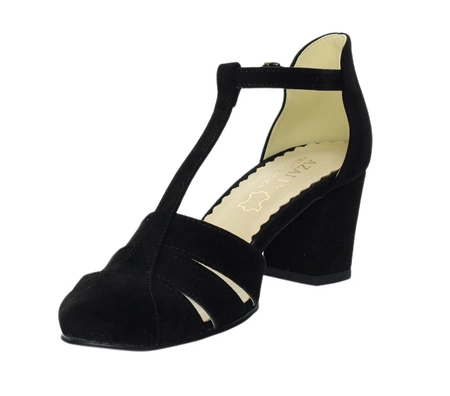 Czarne sandały na obcasie z paskiem w literę T zabudowane palce i pięta Azali - Produkt Polski