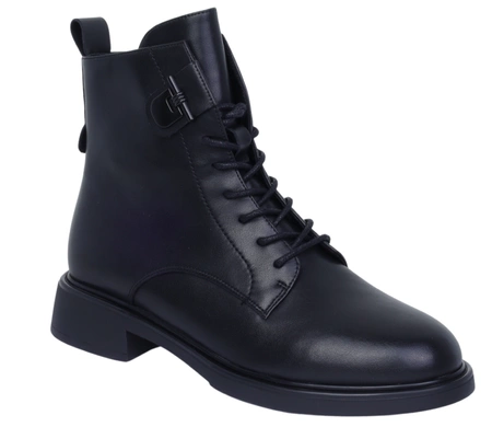 Klasyczne płaskie botki damskie czarne skórzane na zamek i sznurowane Gino Fabiani