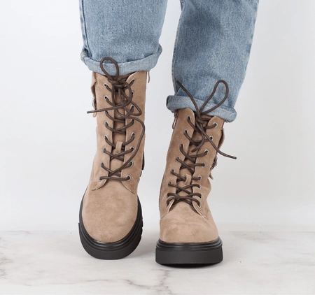 Beżowe traperki damskie ocieplane na grubej platformie Jezzi