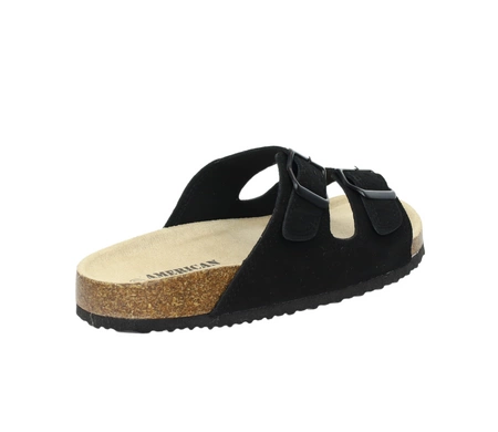 Czarne zamszowe klapki damskie na dwóch regulowanych paskach korkowa podeszwa American Club