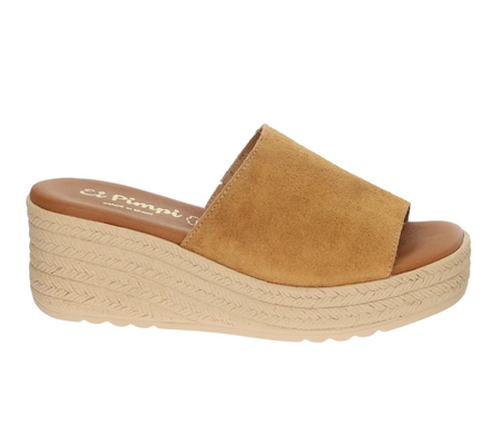 Skórzane klapki damskie na koturnie słomkowej Hiszpańskie El Pimpi