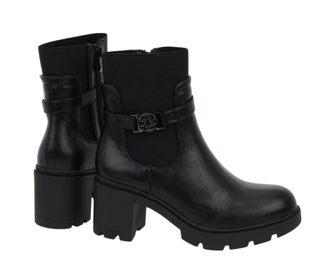 Czarne rokowe botki zimowe na obcasie i platformie ze skóry licowej ekologicznej Jezzi