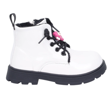 Białe lakierowane botki dziecięce zimowe ocieplane na zamek MissE