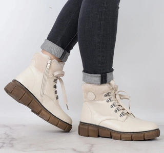 Beżowo-brązowe eleganckie trzewiki damskie zimowe buty płaskie JEZZI