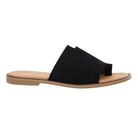 Czarne zamszowe klapki damskie płaskie wygodne i eleganckie Jezzi