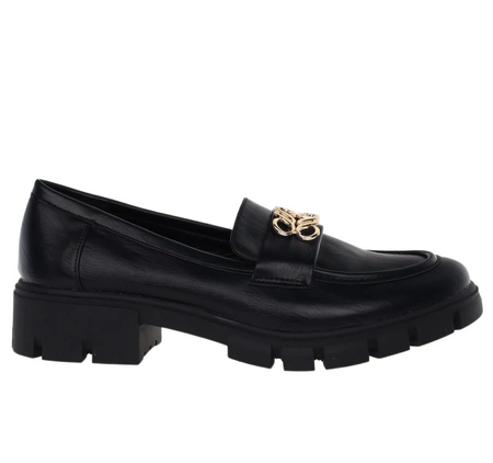 Czarne mokasyny damskie lordsy z klamrą Jezzi