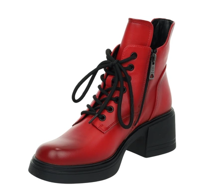 Czerwone botki zimowe skórzane na platformie i szerokim niskim obcasie SEVILA