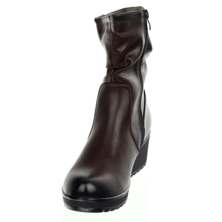 Brązowe czekoladowe botki zimowe komfortowe na koturnie Jezzi