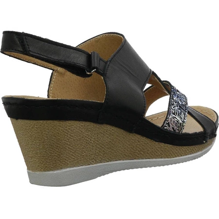 Sandały damskie czarne na koturnie komfortowe i skórzane Helios