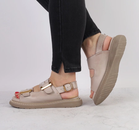 Skórzane sandały damskie eleganckie na regulowanych paskach złote klamry MODO