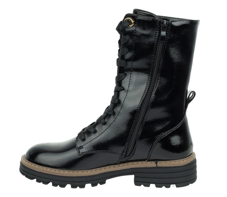 Czarne lakierowane glany damskie ocieplane zimowe Jezzi model ASA259-10