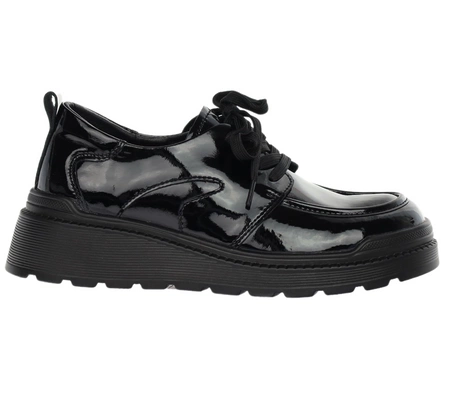 Czarne lakierowane półbuty damskie skórzane sznurowane na platformie Jezzi