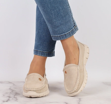 Skórzane mokasyny damskie komfortowe beżowe Jezzi