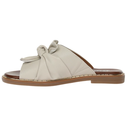 Beżowe eleganckie klapki damskie płaskie z kokardą Jezzi