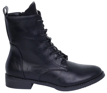 Czarne klasyczne botki damskie ocieplane na zamek i sznurowadła na płaskim obcasie Jezzi