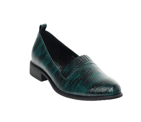 Czółenka damskie płaskie półbuty ciemnozielone lakierowane Jezzi