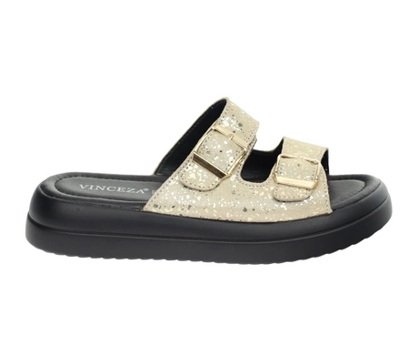 Złote skórzane sandały damskie regulowane na dwóch paskach VINCEZA