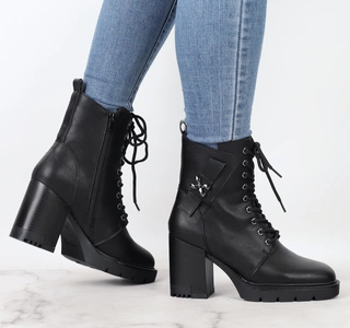 Czarne botki zimowe na słupku i platformie skórzane z eko skóry Jezzi