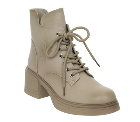 Beżowe botki damskie ze skóry naturalnej na platformie i klocku SEVILA