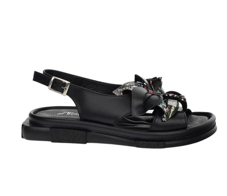 Czarne eleganckie sandały damskie skórzane z kwiatkiem MODO