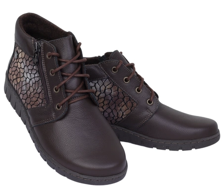 Brązowe czekoladowe botki zimowe damskie skórzane na szerokie stopy HELIOS