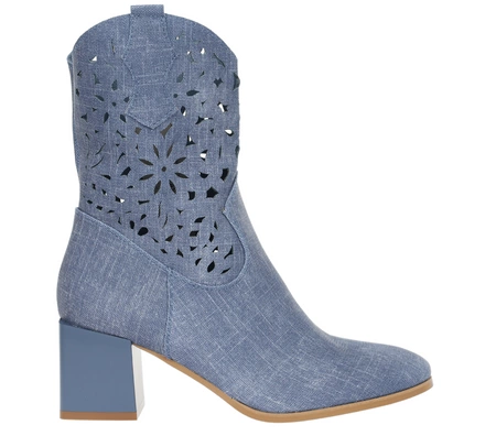 Dżinsowe botki na obcasie ażurowe wiosenne Jezzi